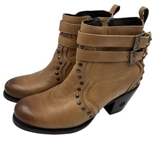 Black Star Hereford Western Ankle Boots Tan Leather Studded Buckle Heel Size 9B